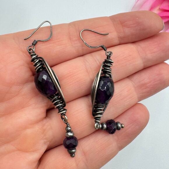 Genuine Amethyst Silver Wire Wrapped Dangle Earrings Artisan Tested Bohemian - Picture 7 of 11